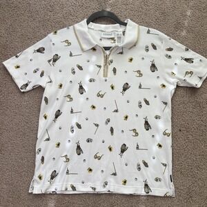 Liz Golf Theme Polo Shirt Womens S White Cotton Zip Collar Short Sleeves Fun
